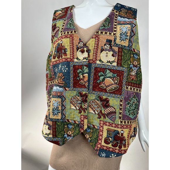 Westbound Vintage Plus Sized Holiday Christmas Vest  1X Green  Patchwork Tapestr - Picture 1 of 16